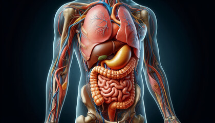 A detailed medical illustration of the human abdomen, highlighting internal organs such as the stomach, liver, and intestines in an educational format.