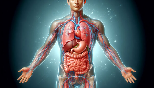 A detailed medical illustration of the human abdomen, highlighting internal organs such as the stomach, liver, and intestines in an educational format.