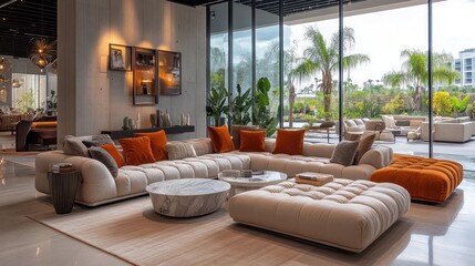 A modern living room with a large sectional sofa, a marble coffee table, and a view of a tropical garden.