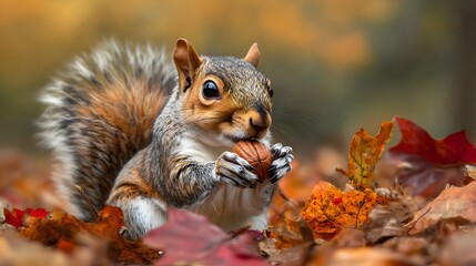 Obraz premium Closeup of a curious squirrel grasping a nut in its paws surrounded by a carpet of fallen colorful autumn leaves on the forest floor