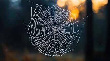 A close-up view of a dewy spider web glistening in the morning light, showcasing nature's intricate design.