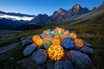 Firecrackers over a mountain landscape, with the colorful explosions casting a soft glow over the peaks and valleys below