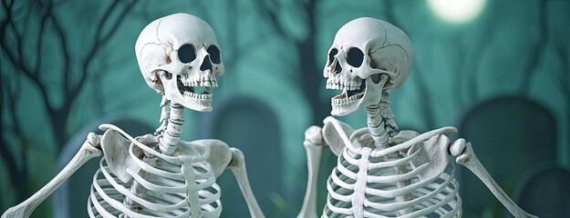 Two playful skeletons share a lighthearted moment in a spooky graveyard setting, perfect for Halloween-themed designs.