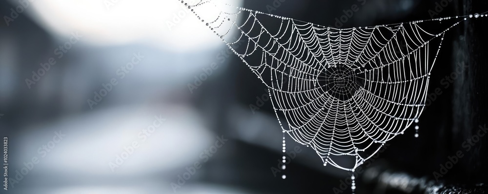 Poster a close-up of a delicate spider web glistening with dewdrops, showcasing intricate patterns against 