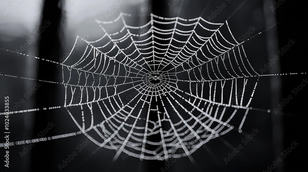 Poster a delicate spider web glistening with dew drops, showcasing intricate patterns against a dark backgr