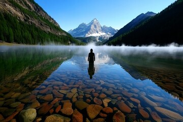 Fog-covered lake in the mountains, where a ghostly figure rises from the water, barely visible through the mist