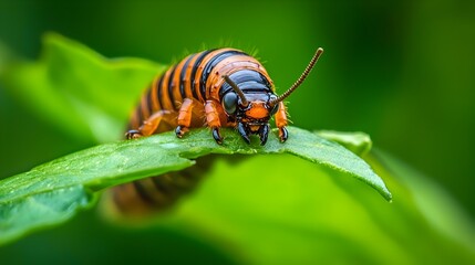 Macro close up shot of a curious caterpillar crawling and exploring the intricate textures and patterns of a lush green leaf
