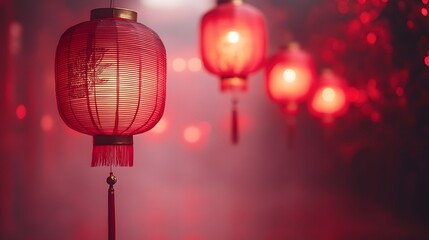 Fototapeta premium Lunar New Year background with traditional red lanterns and golden dragons in papercut style