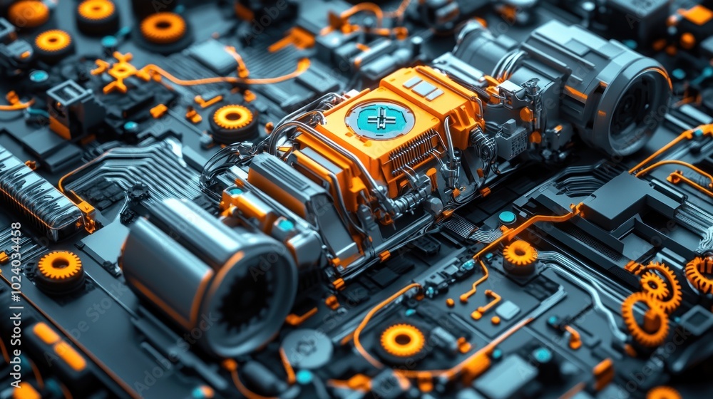 Poster a futuristic circuit board design featuring a central engine component with vibrant colors.
