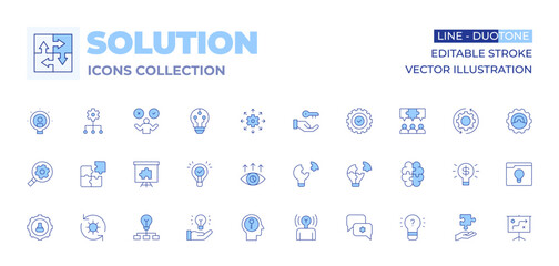 Solution icons collection. Line Duotone style, editable stroke. brand awareness, problem solving, solution, strategy, solutions, creation, creativity, idea, browser, communication, no idea