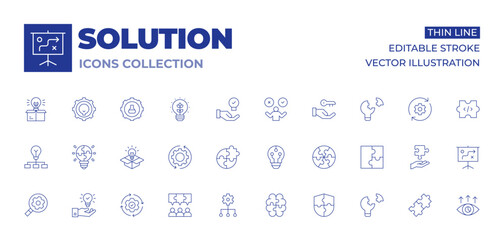 Solution icons collection. Thin Line icons, editable stroke. problem solving, creativity, innovation, box, integration, skill development, solution, solutions, reviewing, puzzle