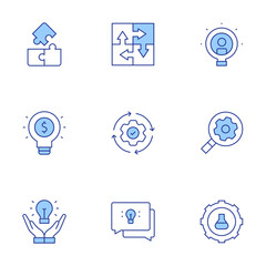 Solution icons set. Line Duotone style, editable stroke. development, integrated, integration, light bulb, reviewing, idea, provision