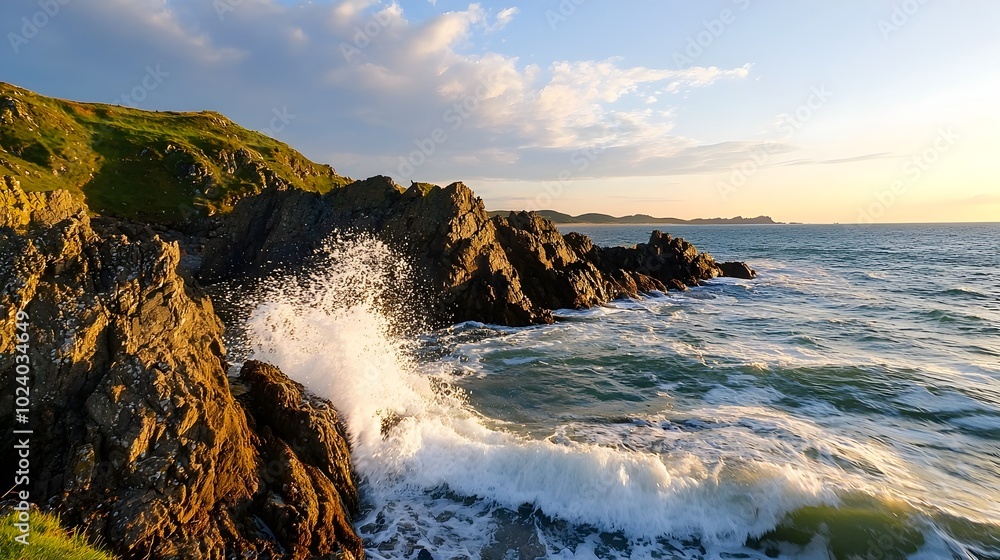 Poster a rugged coastline with towering cliffs and crashing waves at the edge of the sea captured at dawn u