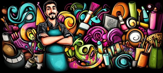 Fototapeta premium A colorful illustration of an artist surrounded by various art supplies and tools.