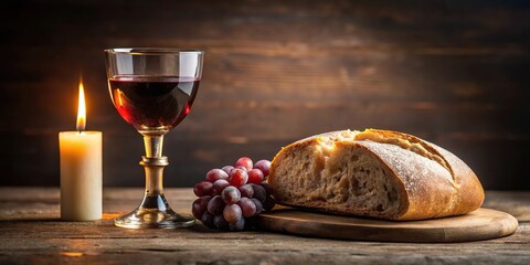 Holy communion elements on table with candle