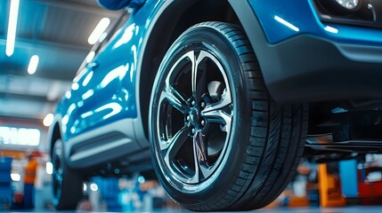 Skilled Mechanic Wearing Blue Uniform and Cap Carefully Inspecting and Repairing the Undercarriage of an Automobile in a Sleek Well Lit Futuristic Garage