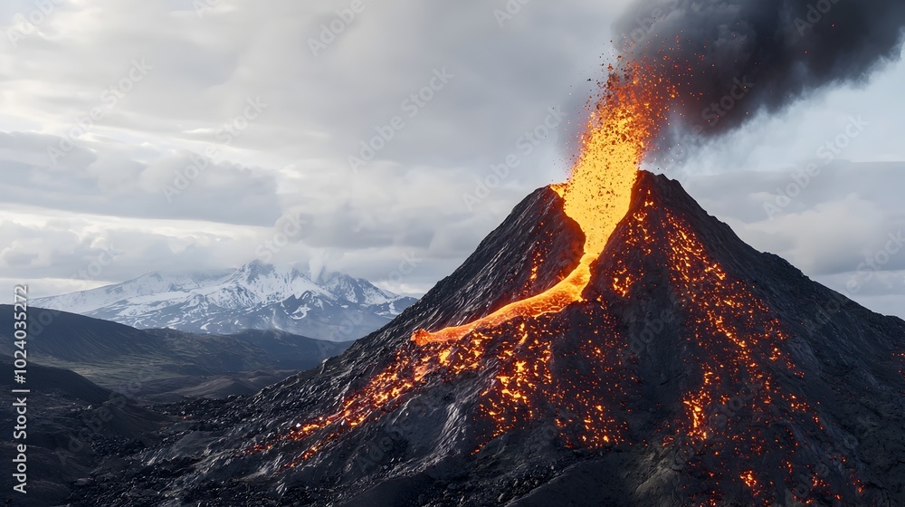Poster dramatic and dynamic scene of a volcanic eruption with fiery lava cascading down the rugged mountain