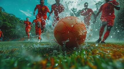 Energetic Soccer Players Splashing Through Water