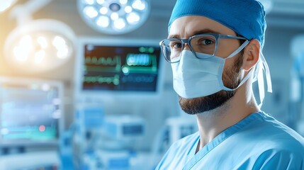 Skilled surgeon in an operating room preparing to perform a complex surgery with the aid of advanced medical equipment and technology