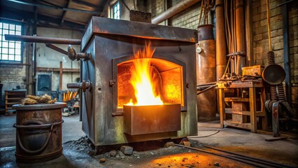 Fototapeta premium Homemade furnace for hardening metal in a blacksmith shop Low Angle