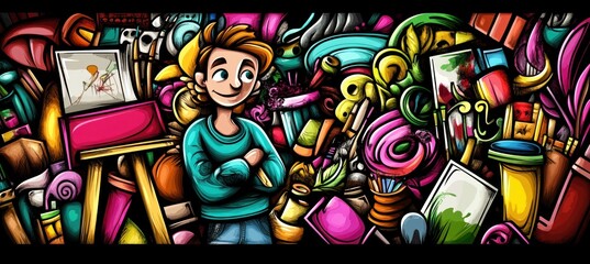 Obraz premium A colorful, whimsical illustration of a person surrounded by art supplies and creative elements.