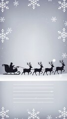 Festive vertical Christmas card background template showing Santa's sleigh silhouette pulled by reindeer beneath falling snowflakes.