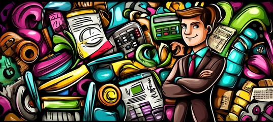 A vibrant illustration featuring a confident businessman surrounded by various office supplies.