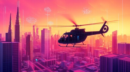 A helicopter flies over a futuristic cityscape at sunset, showcasing technology and urban life.