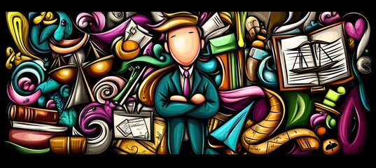 A stylized illustration of a lawyer surrounded by legal symbols and vibrant designs.