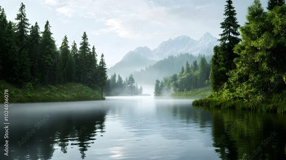 Poster serene river winding its way through a dense lush forest landscape with mist rising from the tranqui