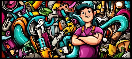 Obraz premium A cheerful character stands amidst colorful tools and materials, symbolizing creativity and repair.