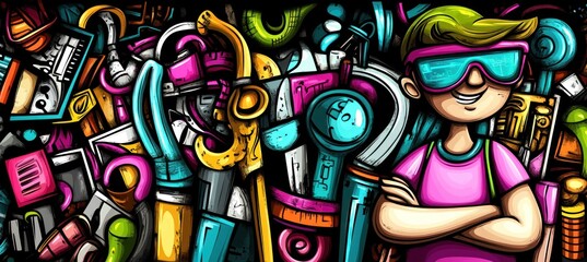 A colorful illustration featuring a confident character among various tools and gadgets.