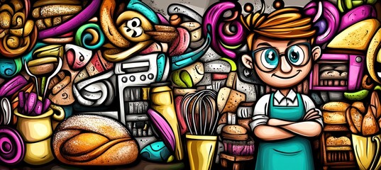 Fototapeta premium A cheerful baker stands amidst an array of colorful baked goods and kitchen tools.
