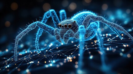 A digital spider with glowing blue lines and orange dots, crawling on a web.