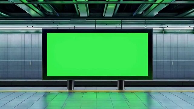 Empty billboard with a green screen for advertising on a subway station. 4k 3D animation