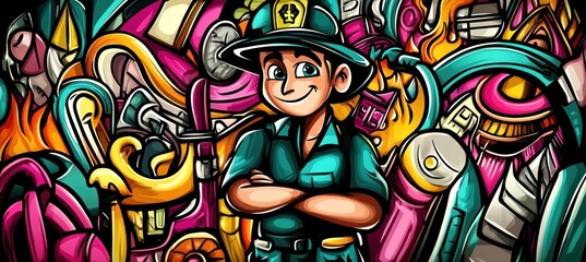 Fototapeta premium A cheerful character in uniform stands against a colorful, abstract background of various tools.
