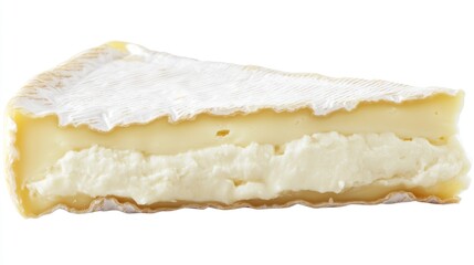 A wedge of creamy cheese with a soft white rind, showcasing its rich texture and layers.