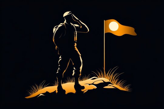 soldier saluting flag, orange silhouette, dark background clip art preview