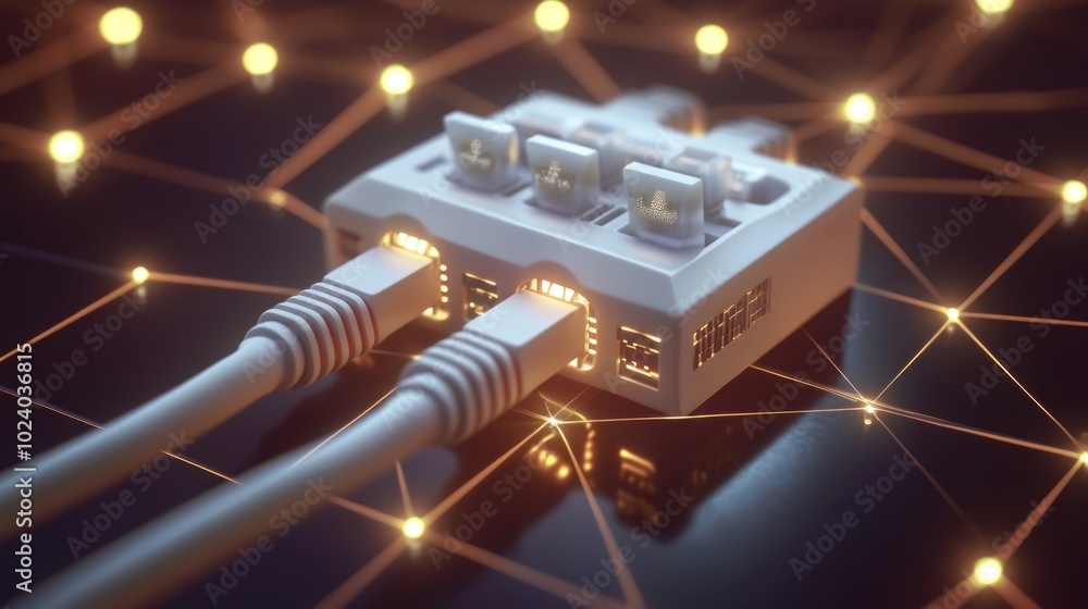 Poster a close-up of a network switch with connected cables and glowing lights, symbolizing connectivity.