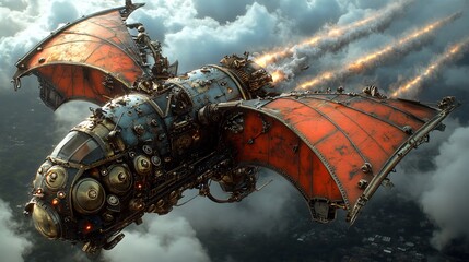 Futuristic Steampunk Airship Flying Through Clouds with Smoke Trails