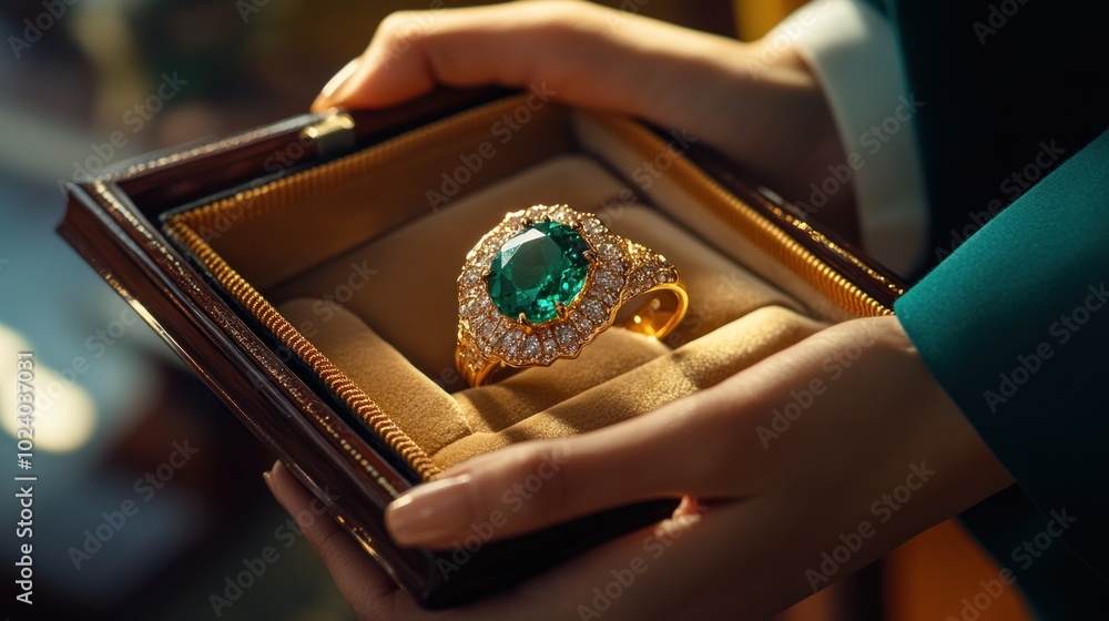 Sticker A hand holds a luxurious gold ring with a large green gemstone and sparkling diamonds.