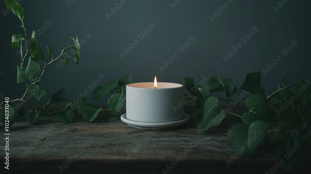 Wall mural A lit candle surrounded by green leaves on a rustic wooden surface, creating a calming ambiance.