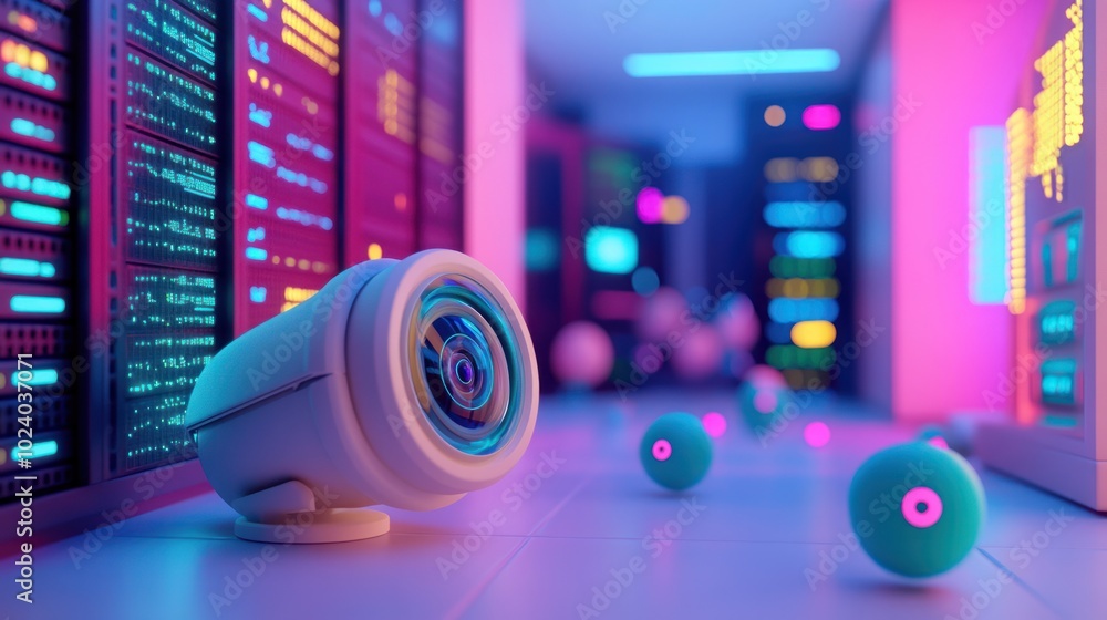 Aufkleber a futuristic data center with a security camera and glowing orbs.