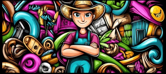 A colorful illustration featuring a confident farmer surrounded by vibrant, playful elements.