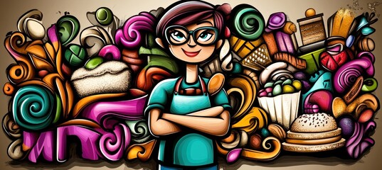 A cheerful baker stands among colorful desserts and sweet treats, celebrating culinary creativity.