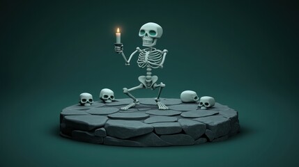A cartoon skeleton holding a candle stands on a stone platform surrounded by skulls.