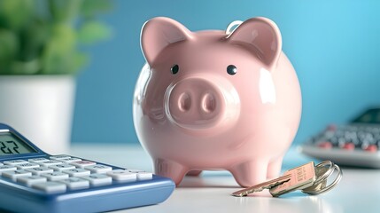 Piggy Bank with Car Keys and Calculator Symbolizing Savings for Insurance and Auto Tax Ideal for Imagery Focused on Personal Finance Management