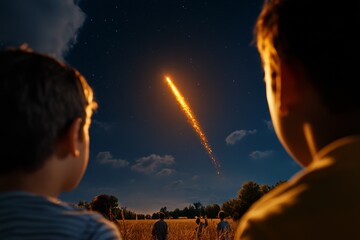 Mysterious glowing lights appearing in the sky above a rural landscape, with onlookers staring up in awe and fear