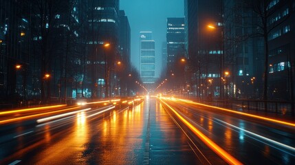 A long exposure shot of a city street at night with car lights streaking through the frame.  The street is wet from rain and the buildings on either side are illuminated by streetlights.