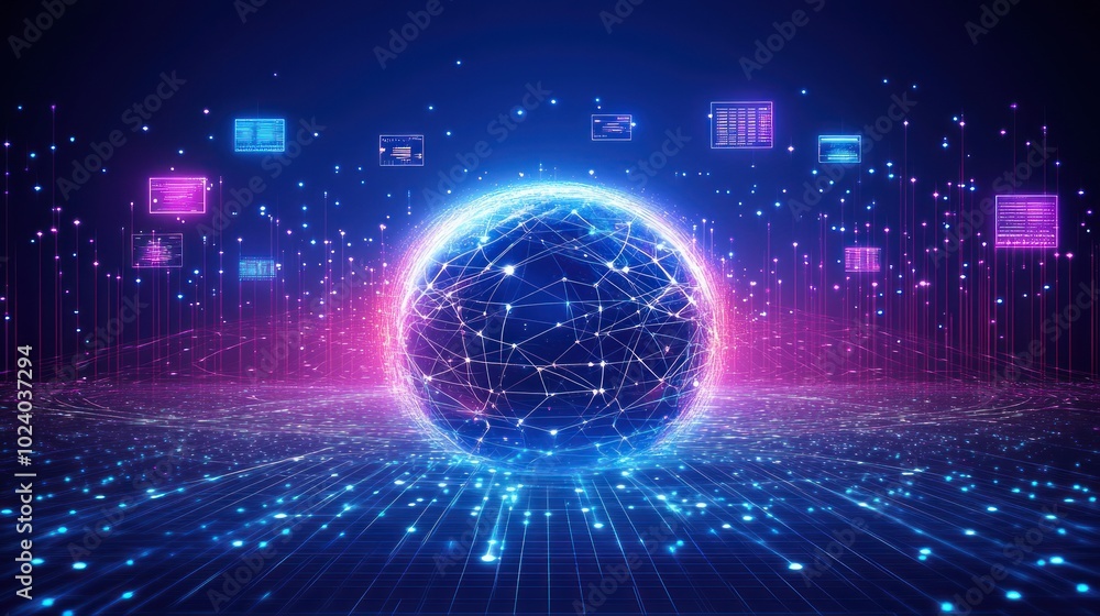Aufkleber a digital globe connected by networks, surrounded by data streams and icons.